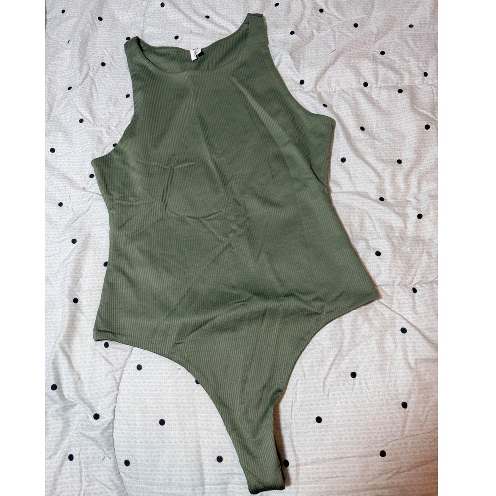 BP Nordstrom Womens Green Ribbed Sleeveless High Neck Thong Bodysuit M NWOT